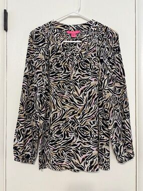 Lilly Pulitzer Women's L/S Elsa Silk Shirt Top Blouse Onyx “Can You Zee Me” XS